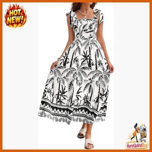 Floral Boho Maxi Dress Smocked Bust Spaghetti Strap Tie Back High Waist